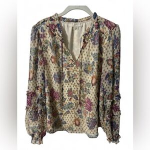 LOFT Women’s Floral Boho Blouse with Ruffle and Shimmer Accents Size Medium